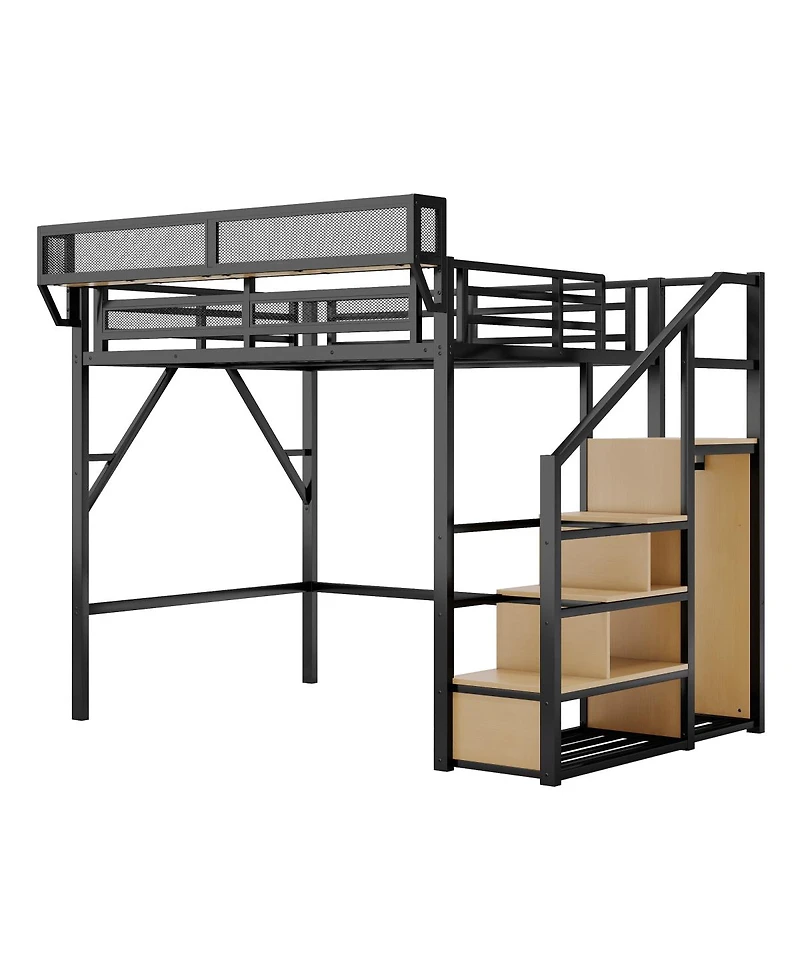 Streamdale Furniture Full Size Loft Bed with Stairs, Metal, Wardrobe