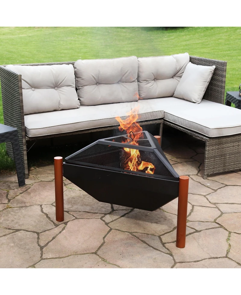 Outdoor Camping or Backyard Steel Triangle Fire Pit with Wood Grate, Log Poker, and Spark Screen - 31" - Copper Finish