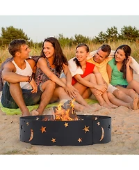 Outdoor Heavy-Duty Steel Portable Fire Pit Ring with Die-Cut Stars and Moons - 36" - Black