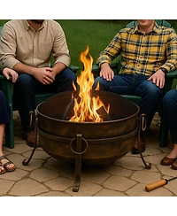 Outdoor Camping or Backyard Round Cauldron Fire Pit with Spark Screen, Log Poker