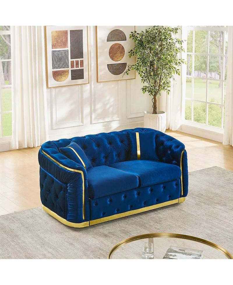 Streamdale Furniture Mid Century Modern Chesterfield Loveseat Couch, Velvet Blue & Gold Tufted Sofa