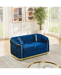Streamdale Furniture Mid Century Modern Chesterfield Loveseat Couch, Velvet Blue & Gold Tufted Sofa