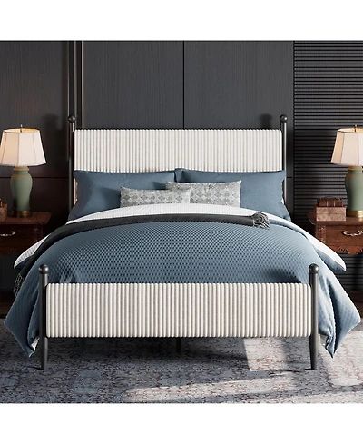 gaomon Queen Upholstered Bed Frame with Velvet Headboard, Corduroy Platform, Wood Slats Support