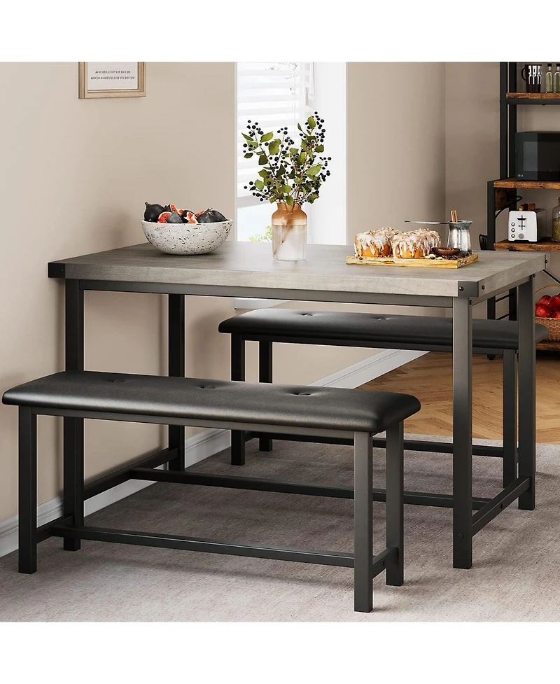 gaomon 3Pcs Dining Table Set, Kitchen Table and Benches for 4, Rectangular Dining Room Table Set with 2 Upholstered Benches, Dining Table Set