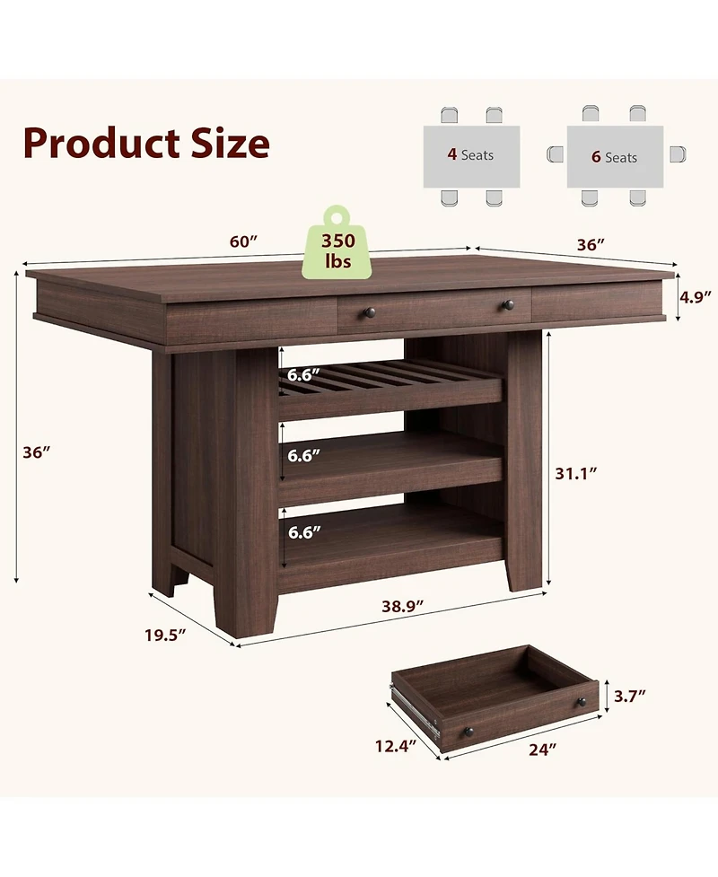 gaomon Counter Height Dining Table with 2 Drawers, 36" Farmhouse Wooden Large Bar Kitchen Table with Wine Rack and 3 Shelves, Rectangular, Thick Frame
