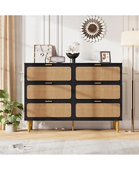 gaomon Rattan 6 Drawer Dressers for Bedroom, Large Double Dresser with Deep Drawers