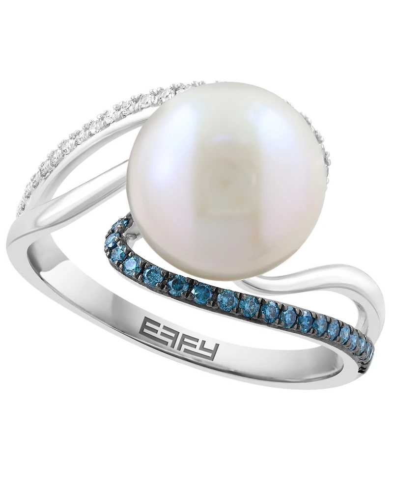 Effy Collection Freshwater Pearl (10mm), White Diamond (1/10 ct. t.w.) & Blue Diamond (1/8 ct. t.w.) Ring in 14k White Gold