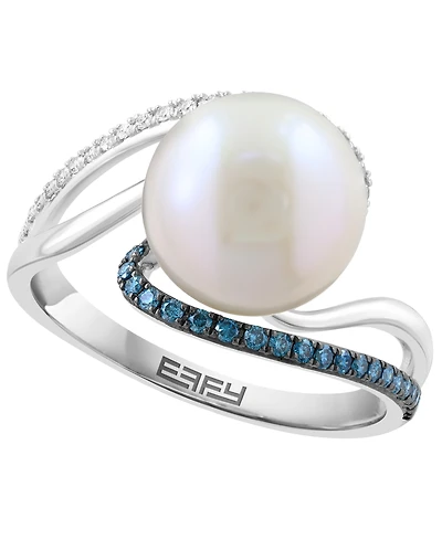 Effy Collection Freshwater Pearl (10mm), White Diamond (1/10 ct. t.w.) & Blue Diamond (1/8 ct. t.w.) Ring in 14k White Gold