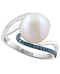 Effy Collection Freshwater Pearl (10mm), White Diamond (1/10 ct. t.w.) & Blue Diamond (1/8 ct. t.w.) Ring in 14k White Gold