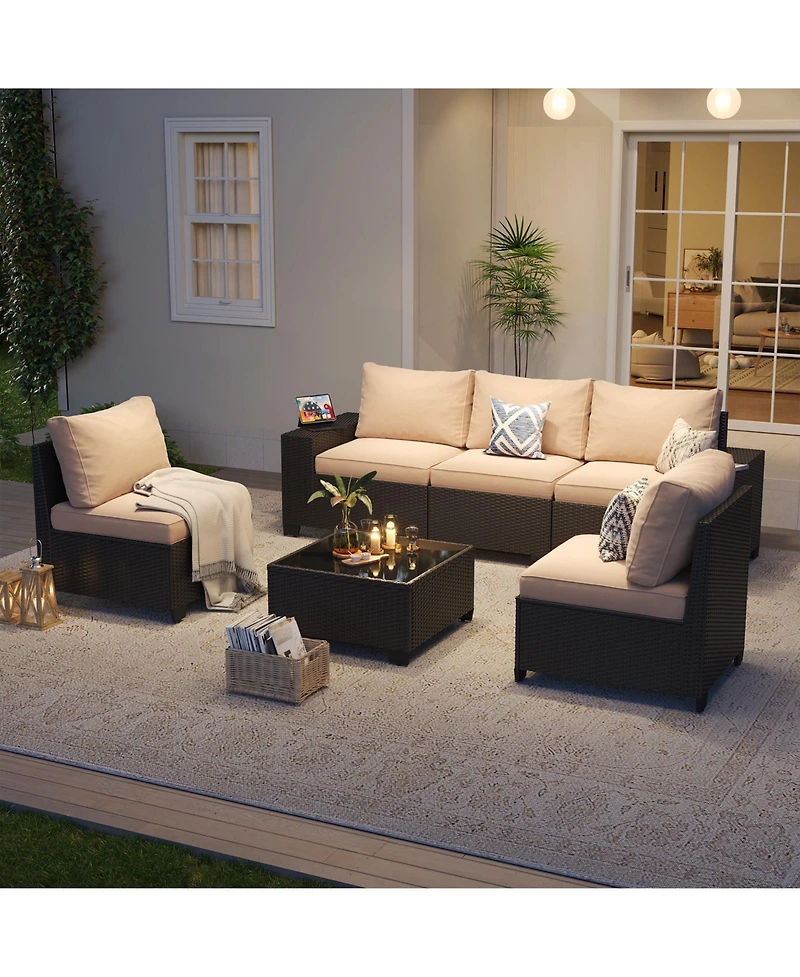 Aoxun 6-Piece Wicker Outdoor Sectional Sofa Set with Cushions and Glass-Top Coffee Table