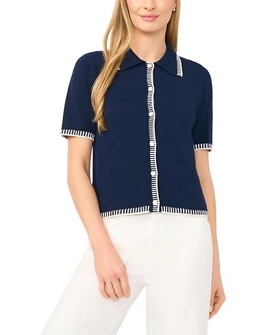 CeCe Women's Pointelle Short-Sleeve Collared Cotton Cardigan