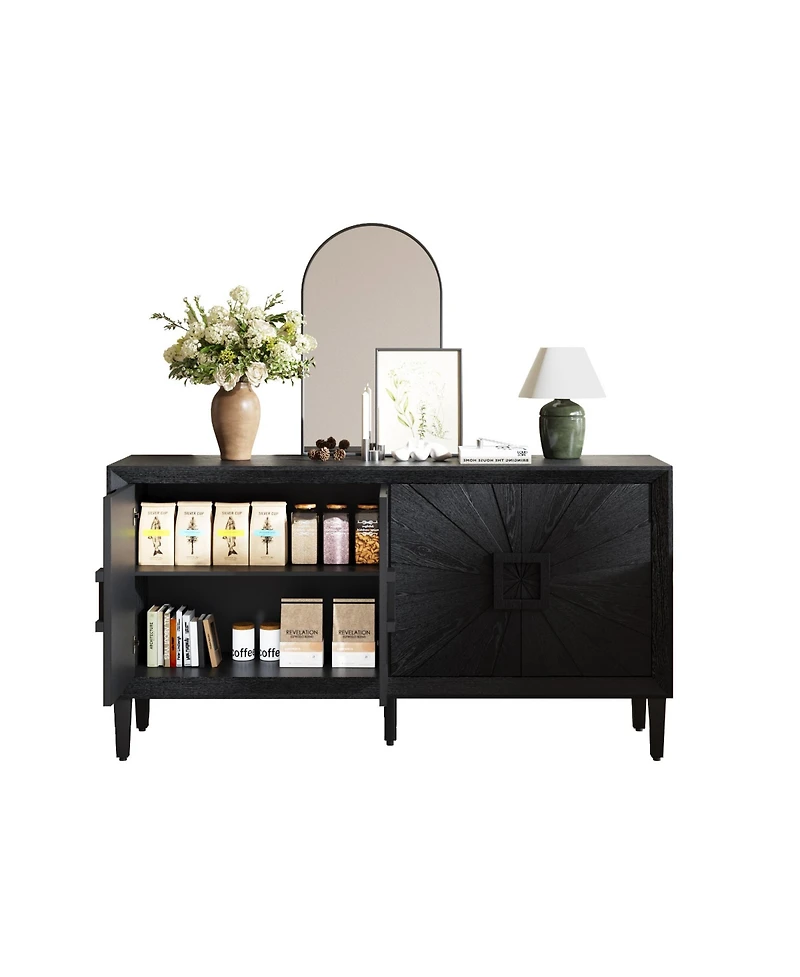 Rainsken Wood Storage Cabinet, Farmhouse Buffet Sideboard with Symmetrical Sunburst Door Design and Adjustable Shelves for Living Room