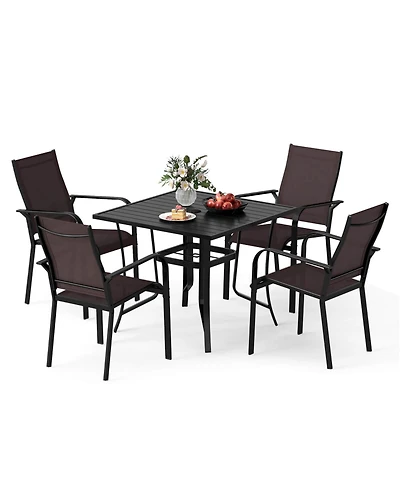 Costway 5 Pcs Patio Furniture Dining Set, Outdoor Square Table and Stackable Chairs with Umbrella Hole
