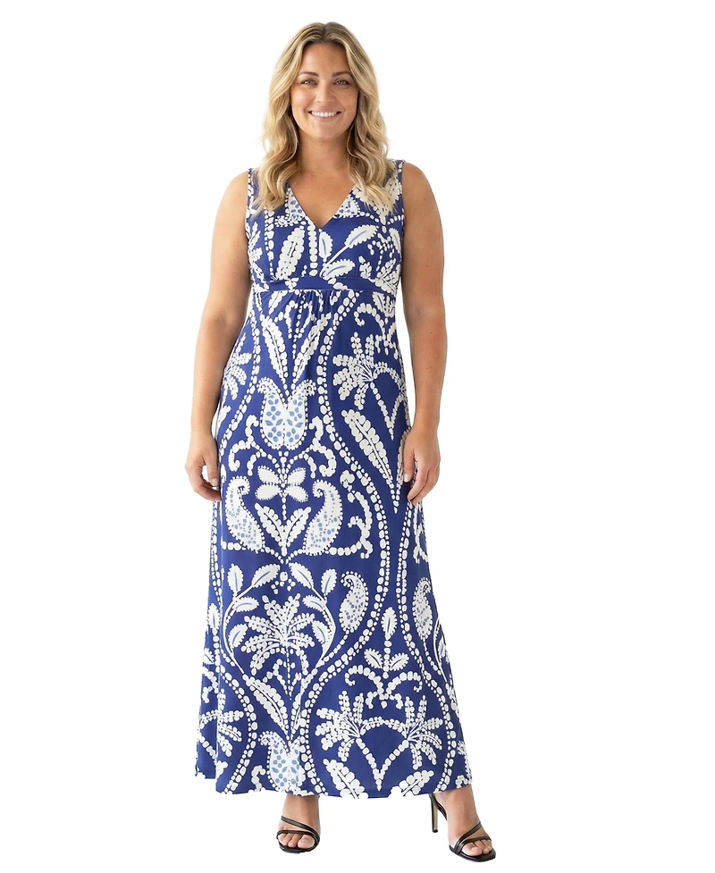 24seven Comfort Apparel Plus Essential Curvy Paisley Print Maxi Dress
