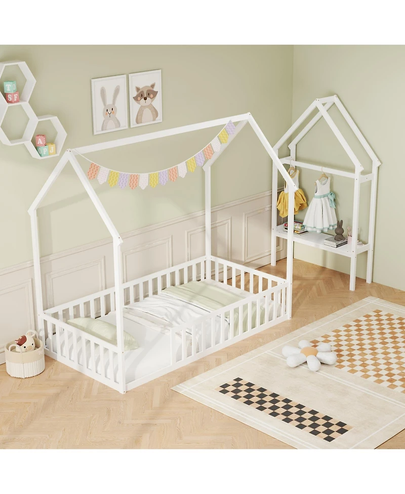 Gouun Twin Size Montessori House Floor Bed with Clothes Hanger and Storage Shelf