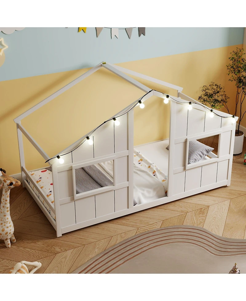 Gouun Twin Size House Bed with Led Lights, Montessori Slat-Free Floor Bed
