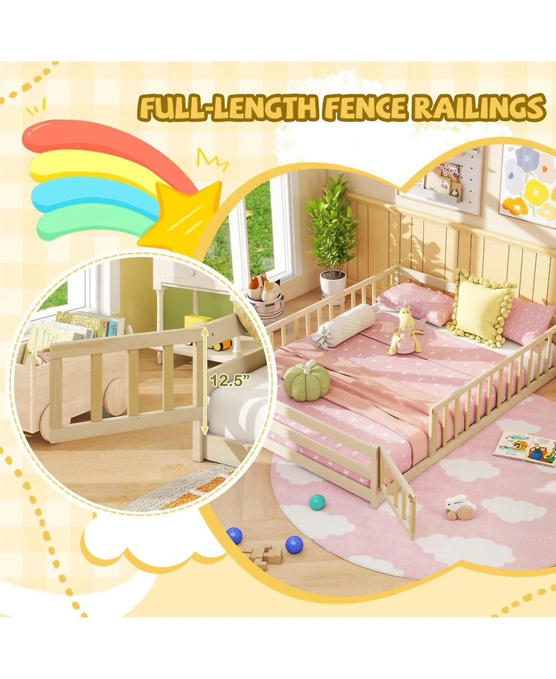 Gouun Full Size Montessori Floor Bed with Full-Length Safety Guardrails and Door