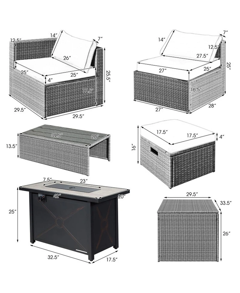 Gouun 9-Piece Wicker Patio Sectional Set with 42 in 60000 Btu Propane Fire Pit Table