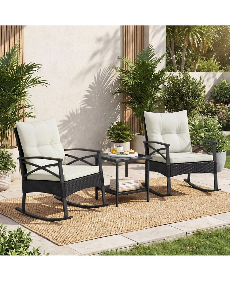 Gouun 3-Piece Rattan Rocking Chair Set with Tiered Side Table