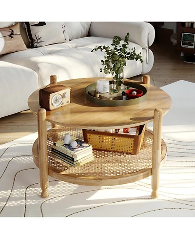 Rainsken 32" Round Rustic Wood Coffee Table Featuring Boho Woven Rattan Lower Shelf for Living Room Storage