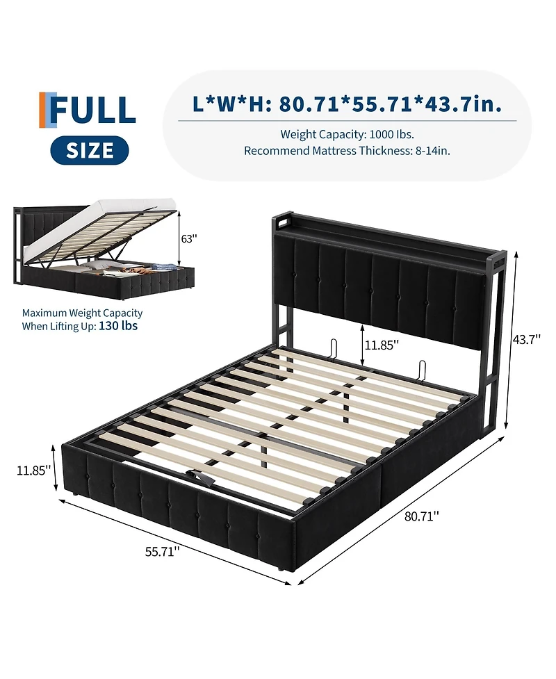 Homfan Lift Up Bed Frame, Upholstered Bed with Button Tufted Wingback Storage Headboard, Hydraulic Storage, No Box Spring Needed
