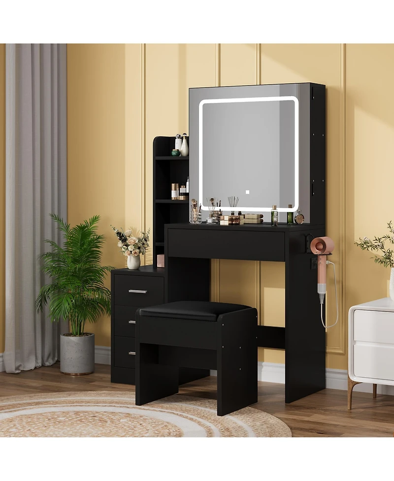 Homfan Sliding Mirror Vanity Set with 3-Level Adjustable Lighting, Stool, Power Outlet, Hairdryer Holder, and Storage Cabinet