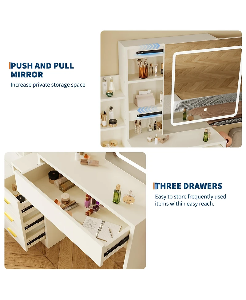 Homfan Sliding Mirror Vanity Set with 3-Level Adjustable Lighting, Stool, Power Outlet, Hairdryer Holder, and Storage Cabinet