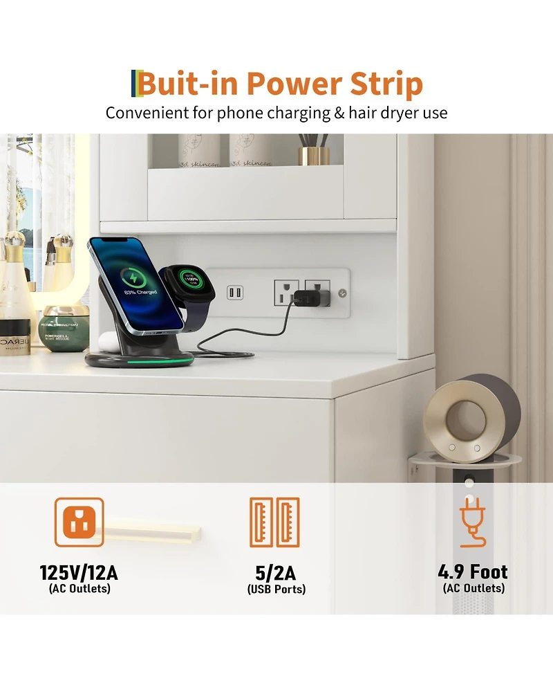 Homfan Modern Vanity Desk with Mirror and Led Lights - Built-in Outlets 4 Drawers Storage Stool Hair Dryer Holder Makeup Dressing Table