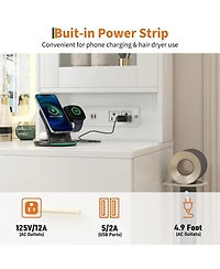 Homfan Modern Vanity Desk with Mirror and Led Lights - Built-in Outlets 4 Drawers Storage Stool Hair Dryer Holder Makeup Dressing Table