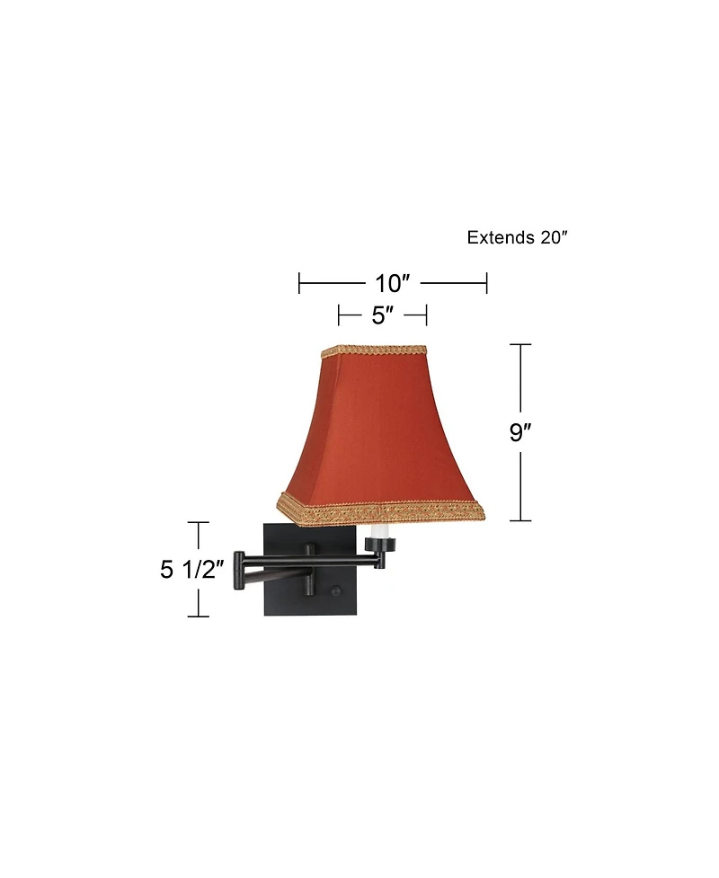 Barnes and Ivy Swing Arm Wall Lamp Espresso Plug-In Light Fixture Gold Trimmed Rust Fabric Square Shade for Bedroom Living Room