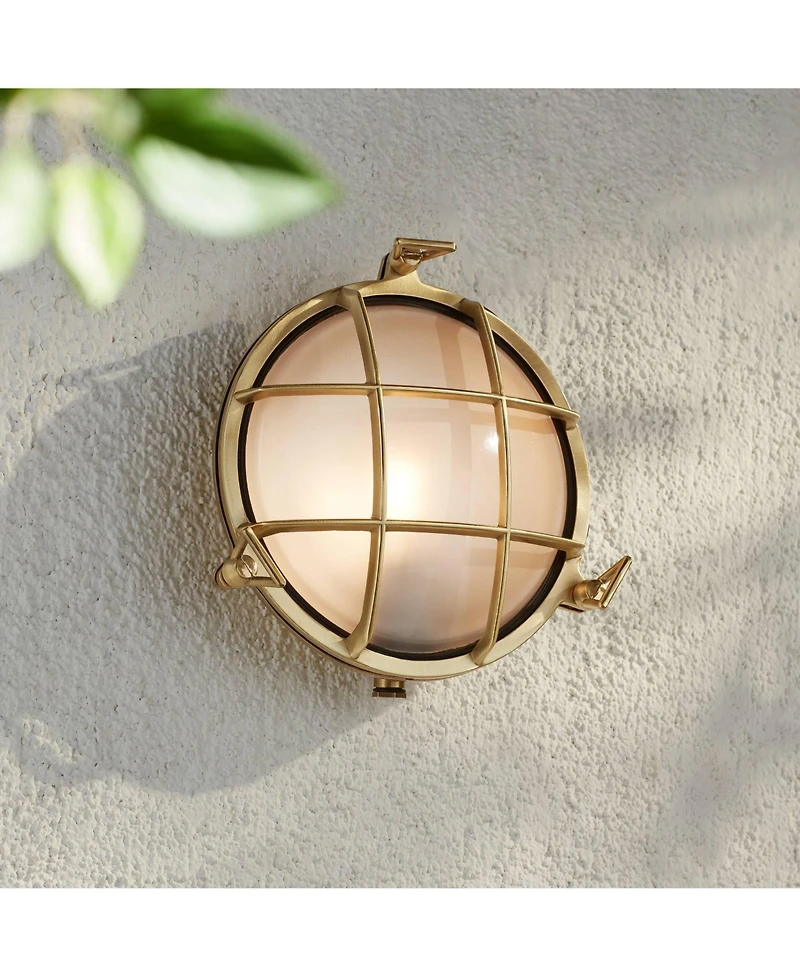 Possini Euro Design Anjali High Industrial Outdoor Wall Light Fixture Mount Porch Bulkhead Weatherproof Gold Brass Finish