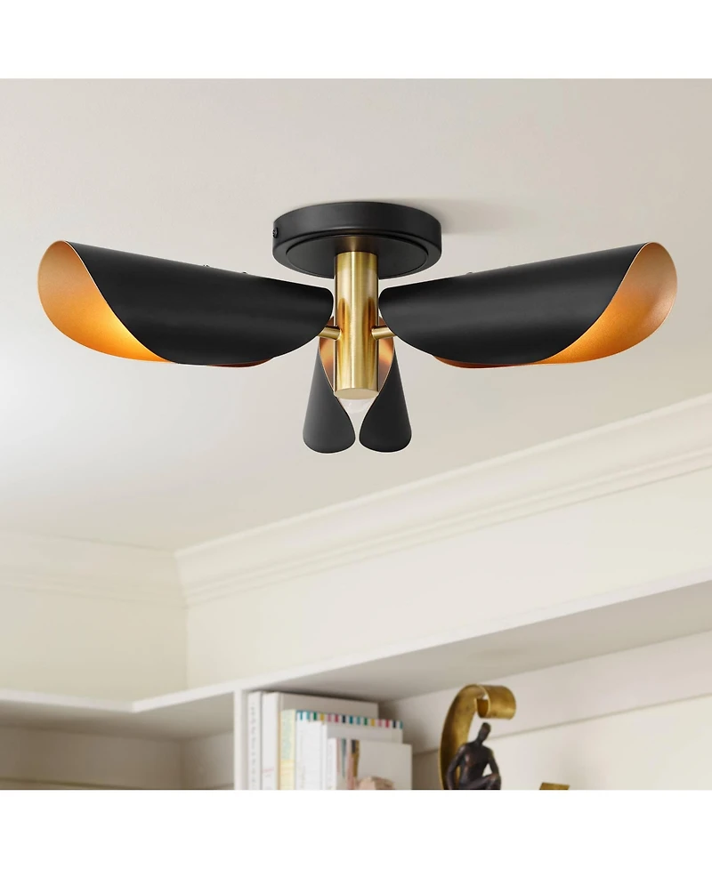 Possini Euro Design Vector Mid Century Modern Semi Flush-Mount Ceiling Light Fixture Kitchen Unique 3-Light Gold Finish