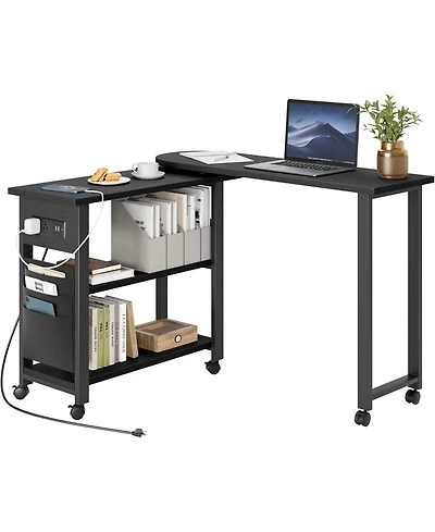 360 Rotating End Table with Charging Station, Swivel Side Table on Wheels with Brakes, Movable Sofa Table with Storage Bag for Living Room Bedroom