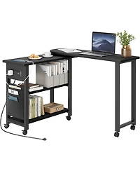 360 Rotating End Table with Charging Station, Swivel Side Table on Wheels with Brakes, Movable Sofa Table with Storage Bag for Living Room Bedroom