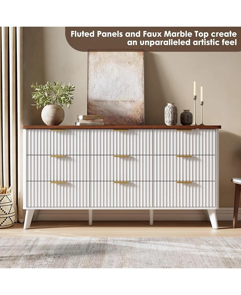 gaomon 60.6" Wide Fluted 9-Drawer Dresser, Curved Profile with Gold Handles