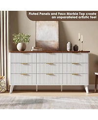 gaomon 60.6" Wide Fluted 9-Drawer Dresser, Curved Profile with Gold Handles