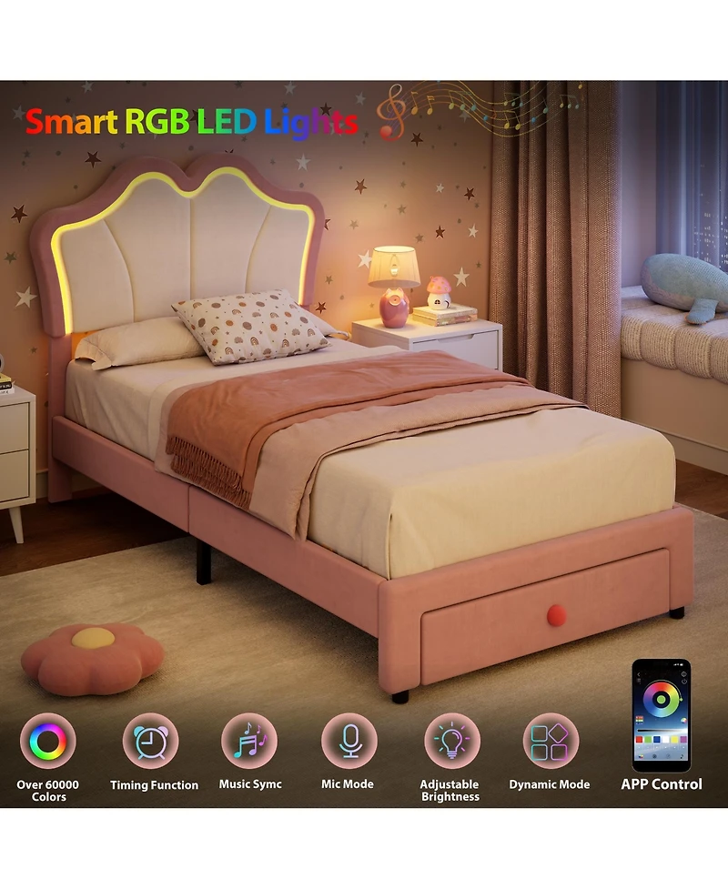 Homfan Bed Frame with Storage Drawer, Velvet Upholstered Platform Headboard and Led Light