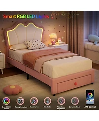 Homfan Bed Frame with Storage Drawer, Velvet Upholstered Platform Headboard and Led Light