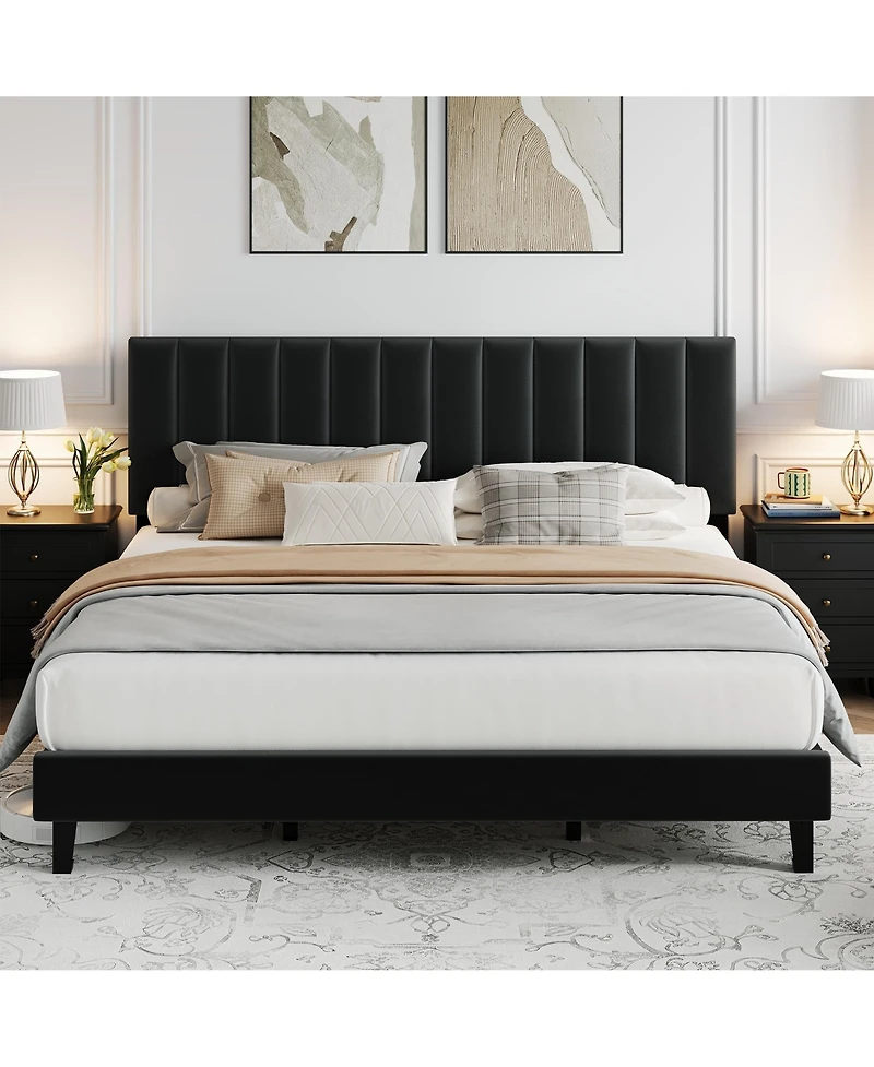 homfan Upholstered Platform Bed Frame with Adjustable Height Vertical Channel Tufted Headboard, Sturdy Wooden Slats, Noise-Free