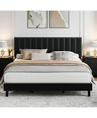 homfan Upholstered Platform Bed Frame with Adjustable Height Vertical Channel Tufted Headboard, Sturdy Wooden Slats, Noise-Free