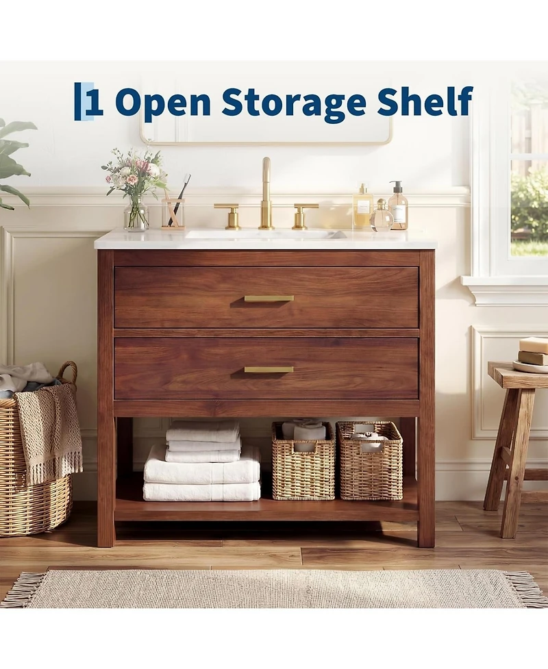 homfan 36" Modern Bathroom Vanity with Sink, Ceramic Integral Basin, 2 Soft-Close Drawers and Open Shelf, Space-Saving Bathroom Cabinet Solution