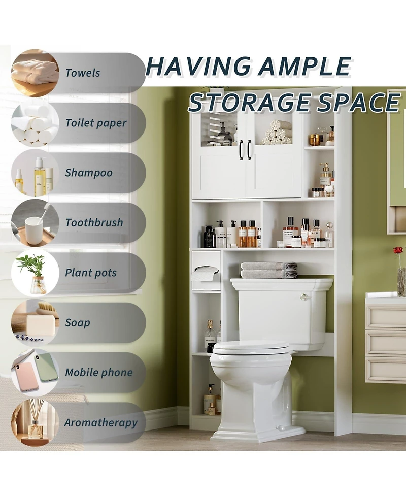 Homfan Over Toilet Storage Cabinet with Glass Doors and Adjustable Shelves, 67.4 in Tall Bathroom Organizer for Bath or Laundry