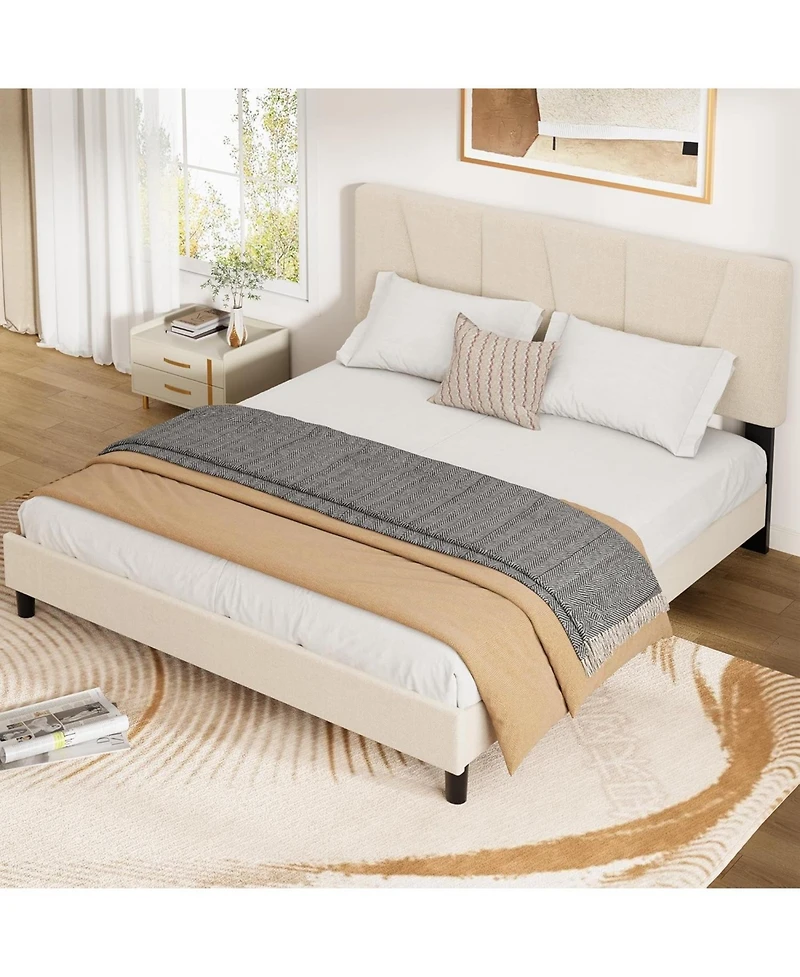 gaomon Linen Upholstered Platform Bed, Height Adjustable Headboard, Reinforced Wood Slats, No Box Spring Needed