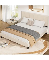gaomon Linen Upholstered Platform Bed, Height Adjustable Headboard, Reinforced Wood Slats, No Box Spring Needed
