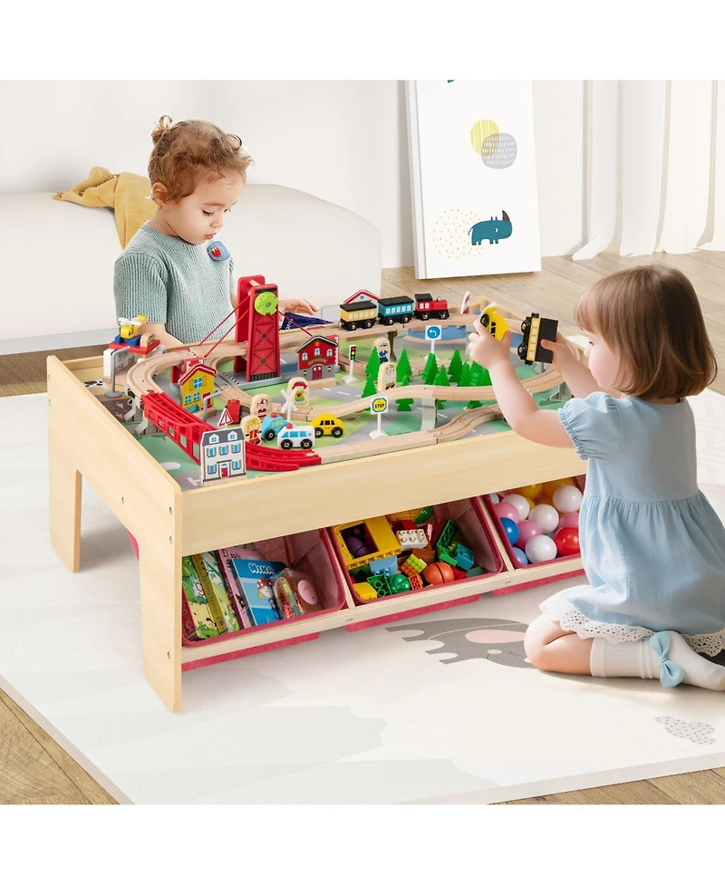 Slickblue Wooden Train Set Table for Kids with Reversible Tops, Activity Play Table