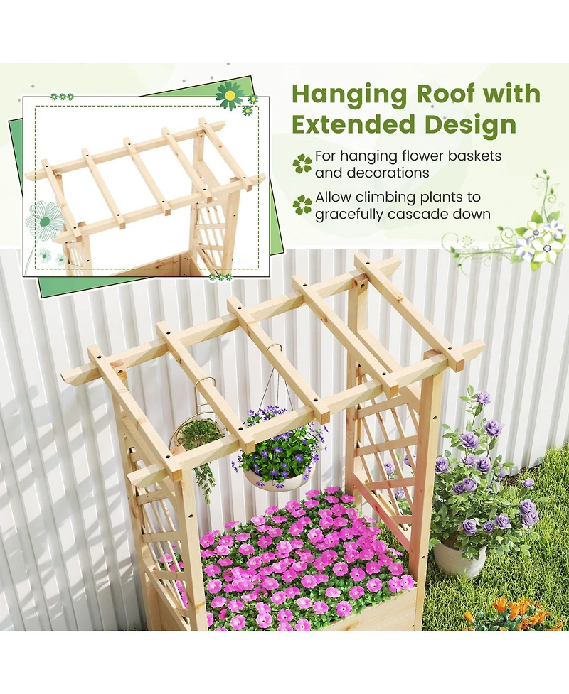 Gouun Pine Wood Elevated Planter Box with Trellis and Hanging Roof, Garden Bed