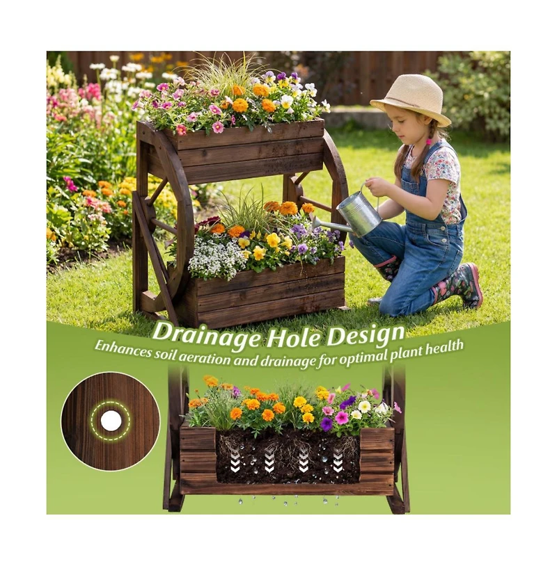 Gouun 2-Tier Rustic Carbonized Wood Wagon Planter with Drainage Holes