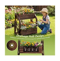 Gouun 2-Tier Rustic Carbonized Wood Wagon Planter with Drainage Holes