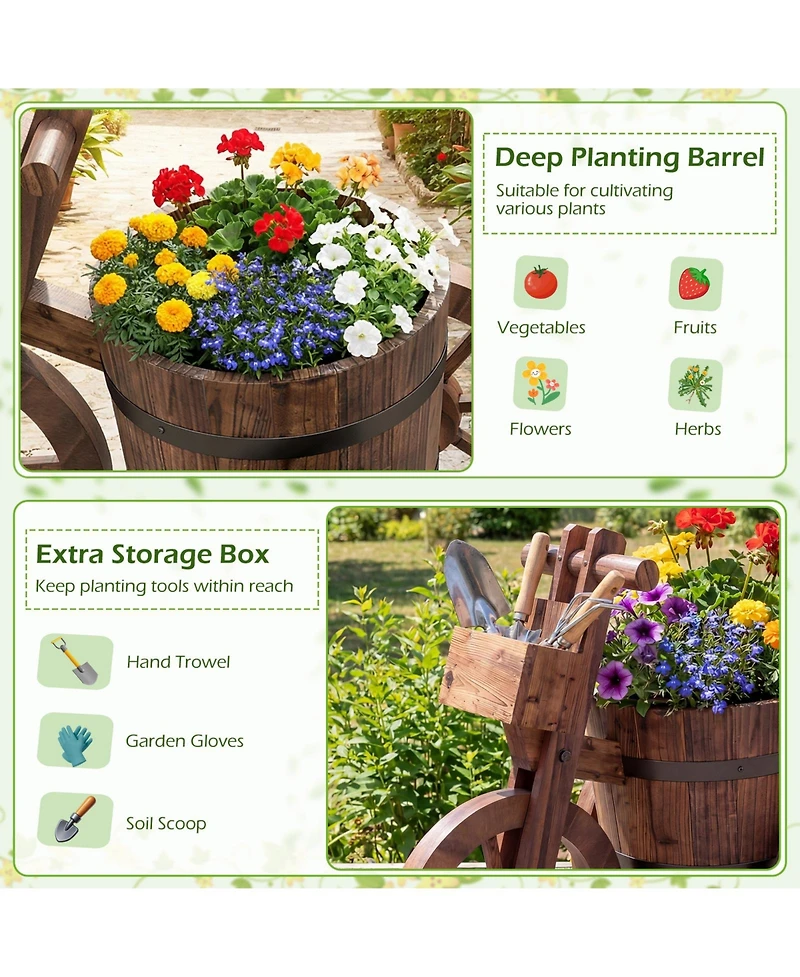 Gouun Rustic Carbonized Wood Tricycle Planter with Storage Box