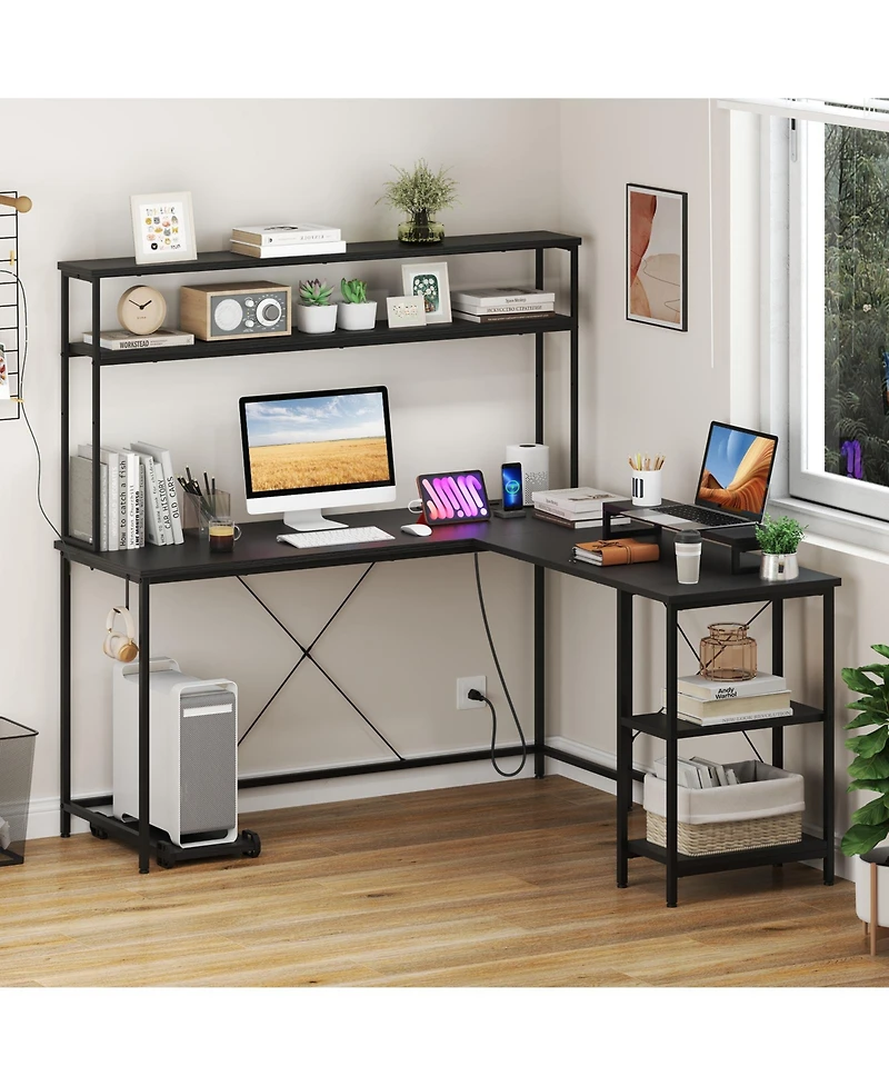 Gouun L-Shaped Gaming Desk with Led Lights and Hutch